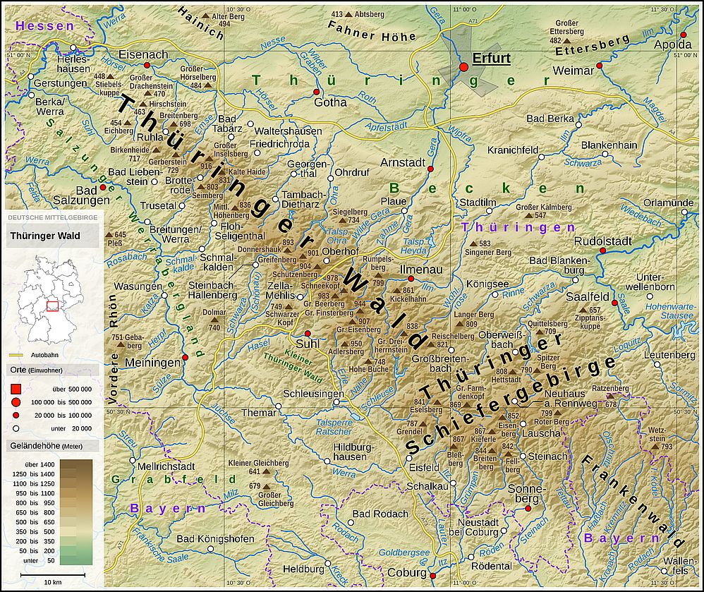 Eine Höhenkarte des Thüringer Waldes, mit Coburg am unteren und Erfurt am oberen Rand.